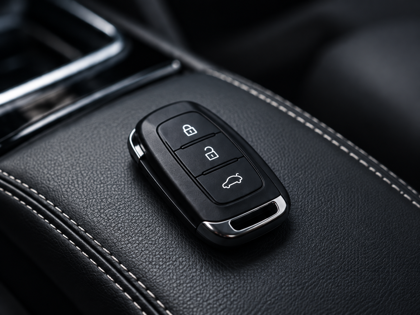 A black car key fob resting on a leather car console